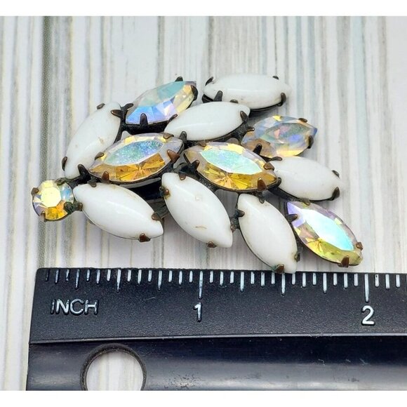 La Roco VINTAGE Milk Glass & AB Navette Crystal Clip On Earrings Large Climbers - Picture 10 of 10